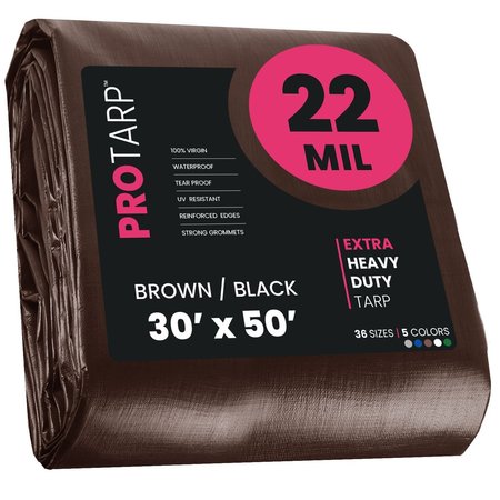 PROTARP 30 ft x 50 ft Heavy Duty 22 Mil Tarp, Brown/Black, Polyethylene, Waterproof, Rip and Tear Proof PT-202-30X50